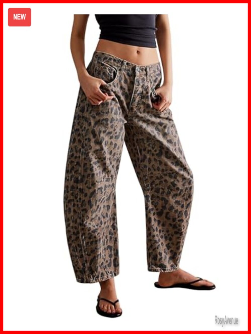 Wide Leg Barrel Cropped Jeans Leopard Print Ankle Denim Pants